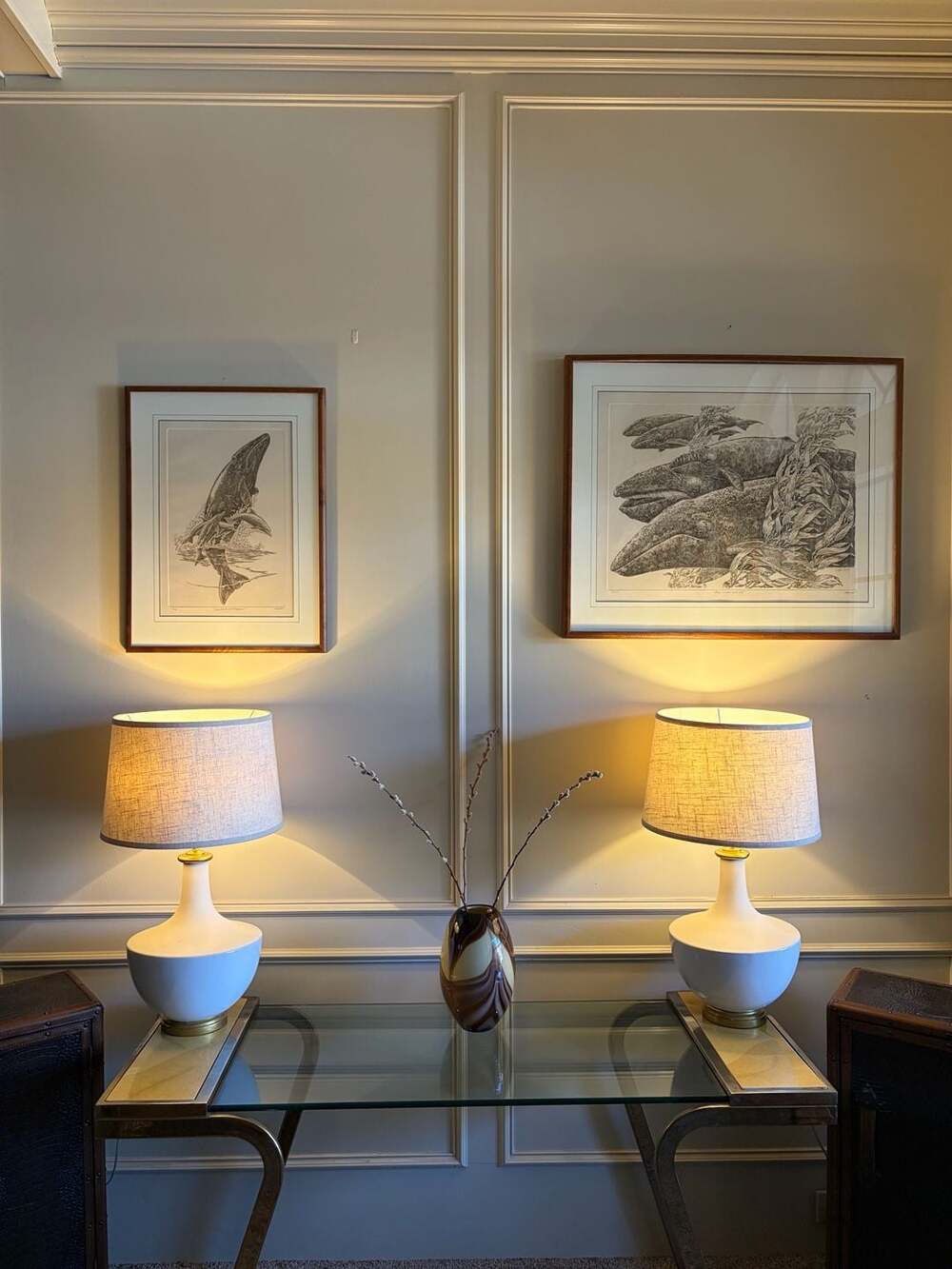Set of Ceramic Table Lamp with Gold Accents and Linen Drum Shade